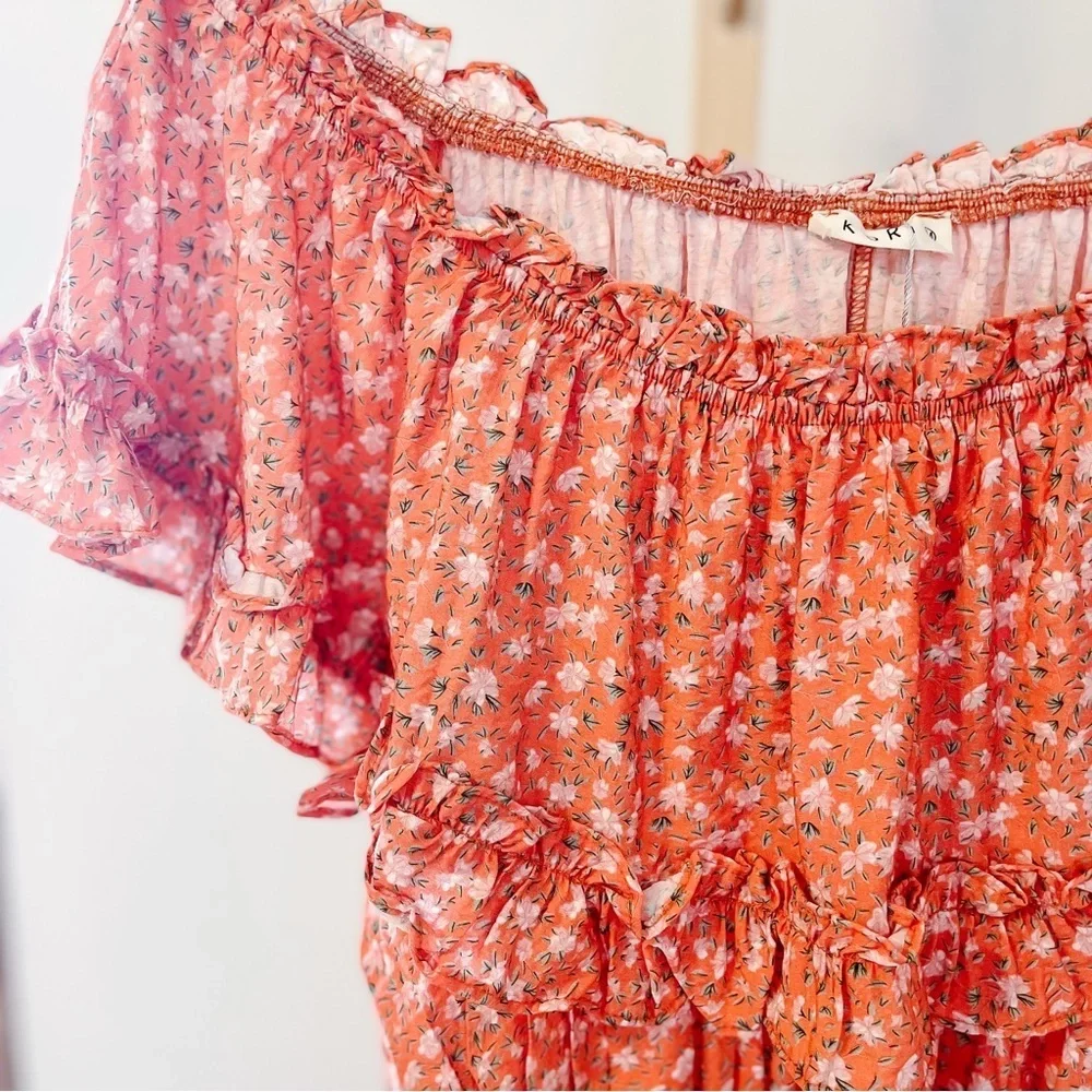 Kori‎ Floral Off Shoulder Flounce Dress Coral